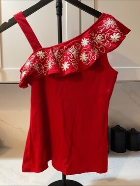 Red One-Shoulder Floral Ruffle one Crop  Top (0042)